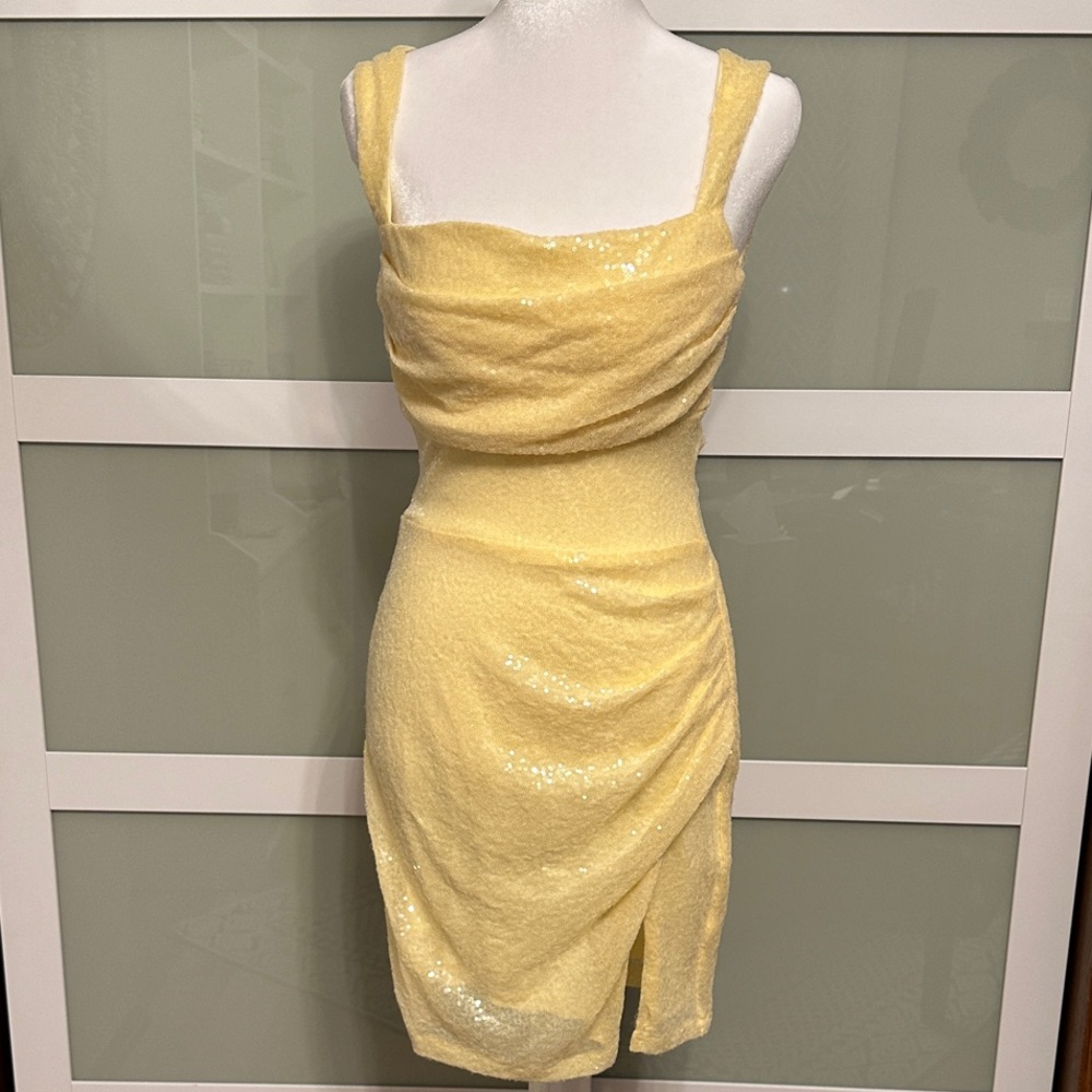 Windsor Pale Yellow Sequin Ruched Mini Dress